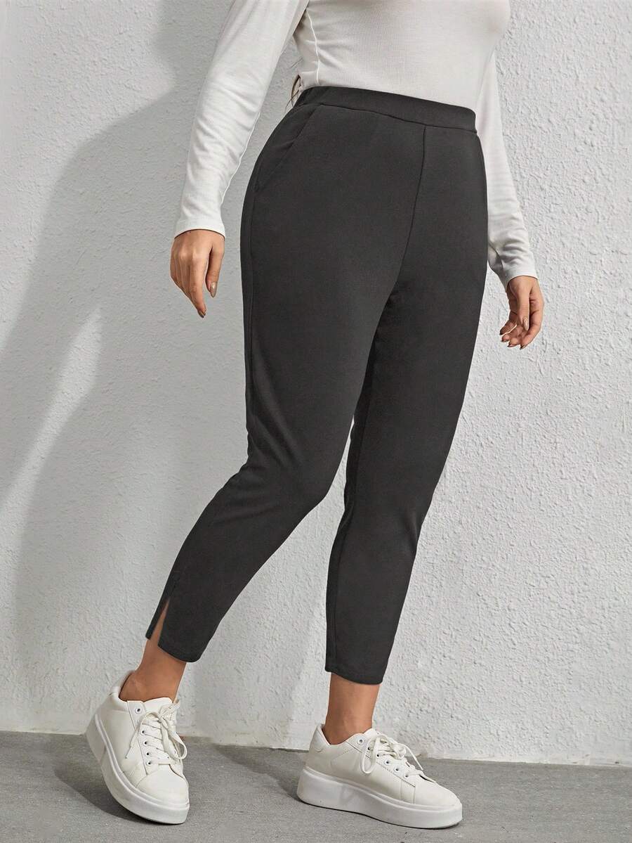 EMERY ROSE Plus Size Casual Versatile Solid Color Slim Fit Pants - Dark Grey - View 1
