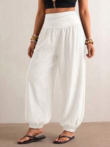 Freevana Pantalones de Linterna de unicolor Casual y Versátil Talla Grande - Blanco - Ver 2