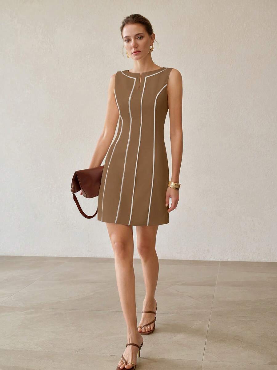 MOTF PREMIUM VESTIDO CORTO SIN MANGAS CON RIBETE BLANCO EN CONTRASTE - Caqui - Ver 1
