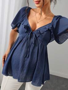 Momance Women's Elegant Textured Fabric Deep Pleated Ruffle Short Sleeve Maternity Top Casual Comfortable Maternity Babyshower Navy Blue Summer Party Morning - Navy Blue - View 1