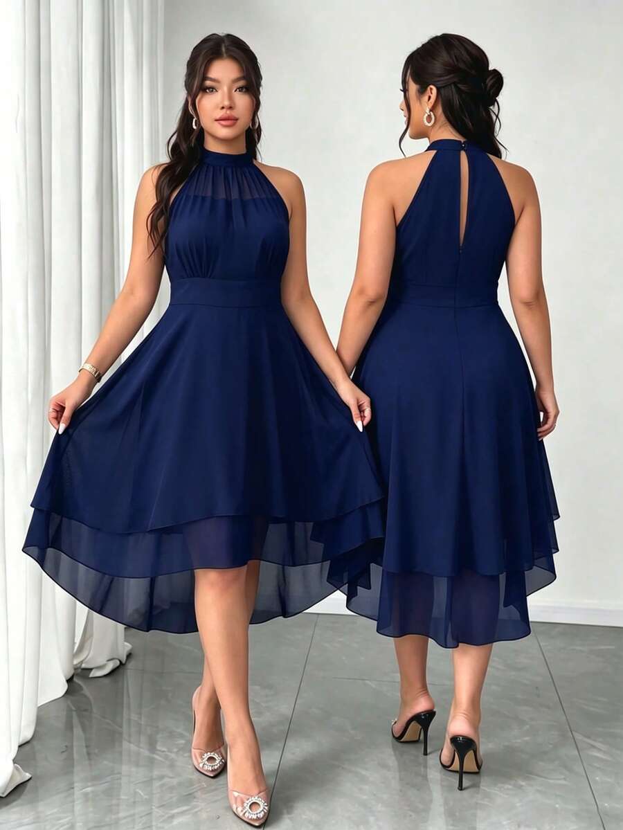 Elenzga Plus Size Round Neck Sleeveless Double Layer Ruffle Hem Asymmetrical Dress - Navy Blue - View 1