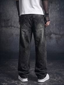 Vyqestra Men's Casual Distressed Loose Fit Slant Pocket Denim Jeans, Autumn Romwe Men Emo Ripped Baggy Manfinity Legnd Cotton Splash Ink Drip - Dark Grey - View 2