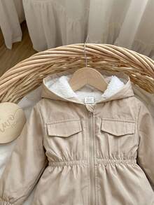SHEIN Cute, Versatile, Solid-Color, Fleece-Lined Hooded Jacket For Baby Girls-Perfect For Fall And Winter. - Khaki - View 3