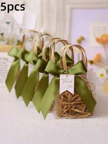 5/10pcs Premium Frosted Gift Bag, Thickened Hand-Held Bag, Including Satin Ribbon And 'Thank You' Tag, Lavender Design Valentine Day - Green - View 12