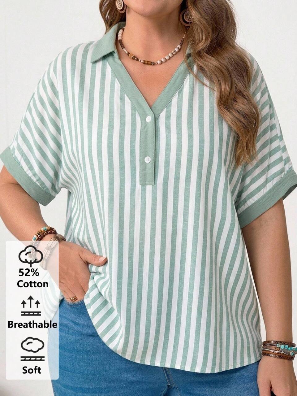 Plus Size Women Summer Casual Traditional Vacation Green Striped Loose Shirt, Short Front Long Back Blouse Shirt Top,Formal Going Out Brunch Outfitss
