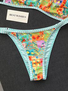 Swim Mod 女款夏季海灘簡約優雅浪漫休閒度假性感甜美可愛時尚泳衣套裝，彩色水果與植物印花條紋印花，可翻面雙面印花，多種穿搭選擇，抹胸微型比基尼，適用於海灘、度假村、水療中心、音樂節、蜜月及休閒度假場合 - 彩色 - 查看 7