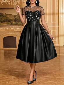 SHEIN Lady Plus-Size Elegant 1950s Vintage 1920s Party Formal Evening Cocktail Dress With Polka Dot Print, Mesh Paneling, Pleated Waist, Satin Hem Black - Black - View 1