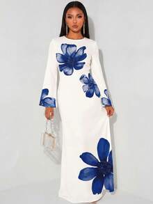 Veilorie Women's Elegant Long Sleeve Flared Back Tie Waist Mermaid Hem Dress - White - View 5