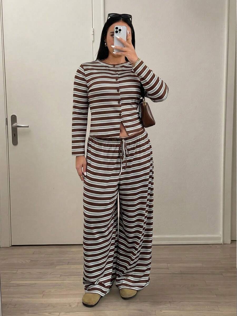 SHEIN Essnce Plus Size Women's Spring/Autumn Fashion Casual Elastic Comfortable Daily Brown Striped Button Cardigan And Wide Leg Pants 2-Piece Set, Autumn Striped 2-Piece Set, Outing Outfit, Comfortable Clothing