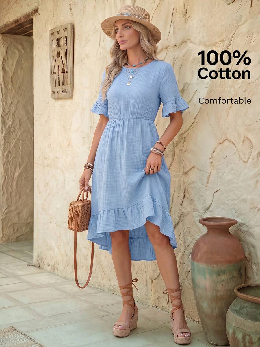 EMERY ROSE Vestido informal de verano minimalista con tela texturizada y detalles de volantes - Celeste - Ver 1