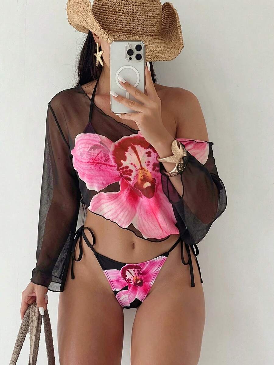 Bonvoyette 新款 3 件組不對稱印花女款泳衣套裝 - 彩色 - 查看 1
