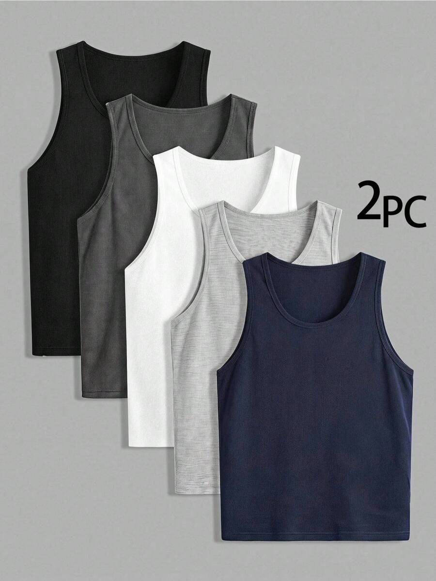 EASEVO 2pcs Men's Plus Size Solid Color Round Neck Casual Modest Versatile Tank Top Gym Black White Summer Gym Gym - Black and White - View 1