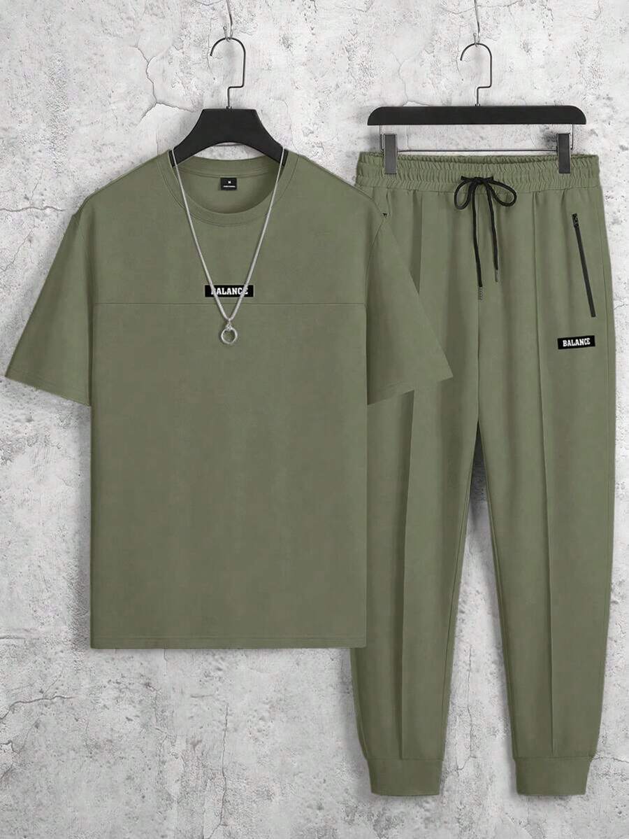 Manfinity Homme 男士字母印花短袖T恤與長褲休閒兩件套 - 軍綠色 - 查看 1