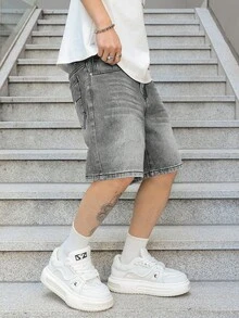 Manfinity EMRG Men Plus Size Grey Casual Wide Leg Denim Shorts, Versatile Knee Length Inseam - Light Grey - View 3