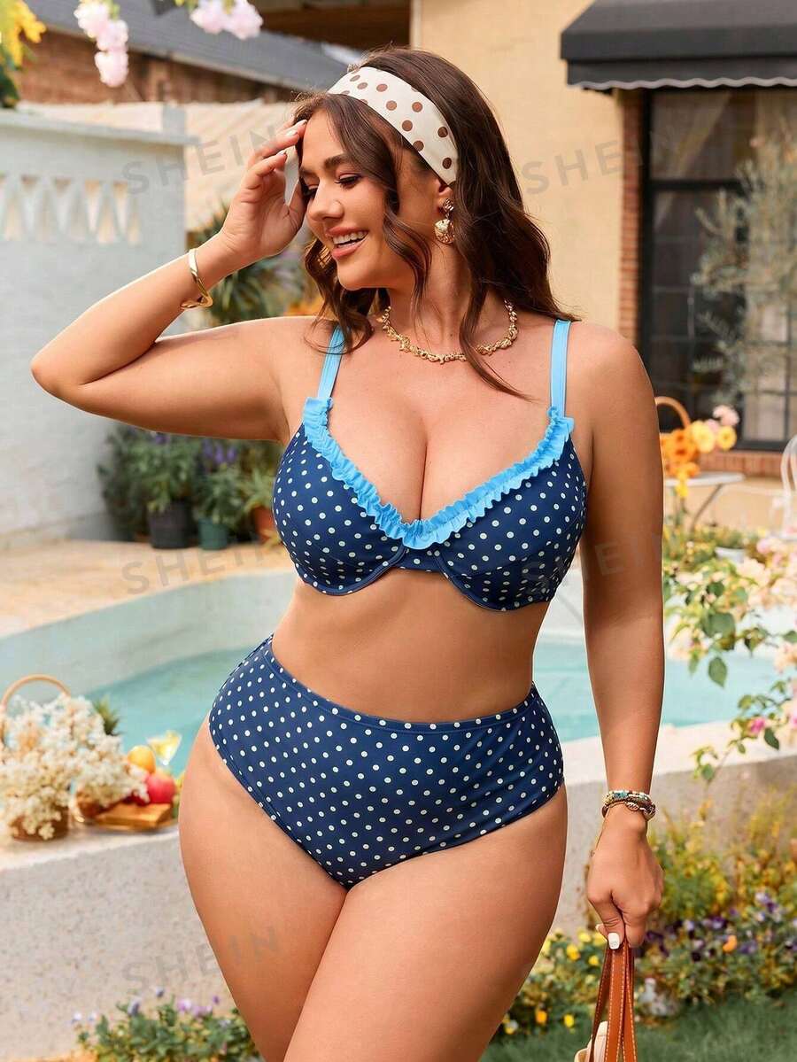 Swim Mod European And American Plus Size Underwire Push-Up Swimwear Set, Retro Polka Dot Soft Cup Bikini - Blue - View 1