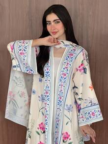 Yasmeen Edit Yasmeen Edit 2pcs Modest Printed Cardigan Abaya With Headscarf Set, Middle Eastern Dubai Style Outerwear Eid Spring - Printing Color - View 5