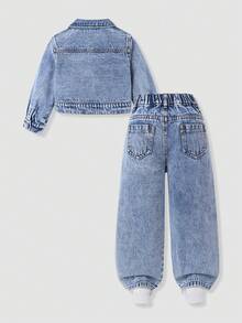 SHEIN 少女秋冬新款熱銷清新蝴蝶結毛巾刺繡淺藍水洗牛仔兩件套，時尚短款牛仔夾克 + 寬鬆直筒寬腿牛仔褲 - 淺色水洗藍 - 查看 2