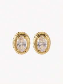 Opalesca 18K Gold Plated Oval Zirconium Stylish Fine Quality Stud Earrings - Yellow Gold - View 4