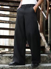 PAVTROS Men's Fashionable Versatile Solid Color Wide-Leg Pants, Suitable For Commuting Wide Leg - Black - View 6