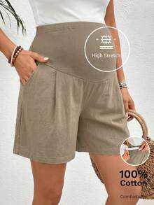 SHEIN Shorts casuales de maternidad de unicolor con cintura ajustable - Caqui - Ver 3