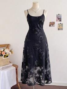 Elenzga 大尺碼優雅網紗刺繡洋裝 - 黑色 - 查看 7
