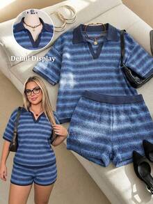 SHEIN ICON 大码女式条纹短袖T恤和短裤休闲套装 - 藍色 - 查看 11