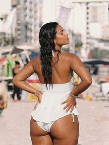 Swim Vcay Plus Size Summer Beach Shell Decor Ruffle Trim Tankini Set - White - View 2