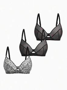 Slumbrini 3件套女士加大码纯色草莓豹纹加垫文胸 - 彩色 - 查看 1