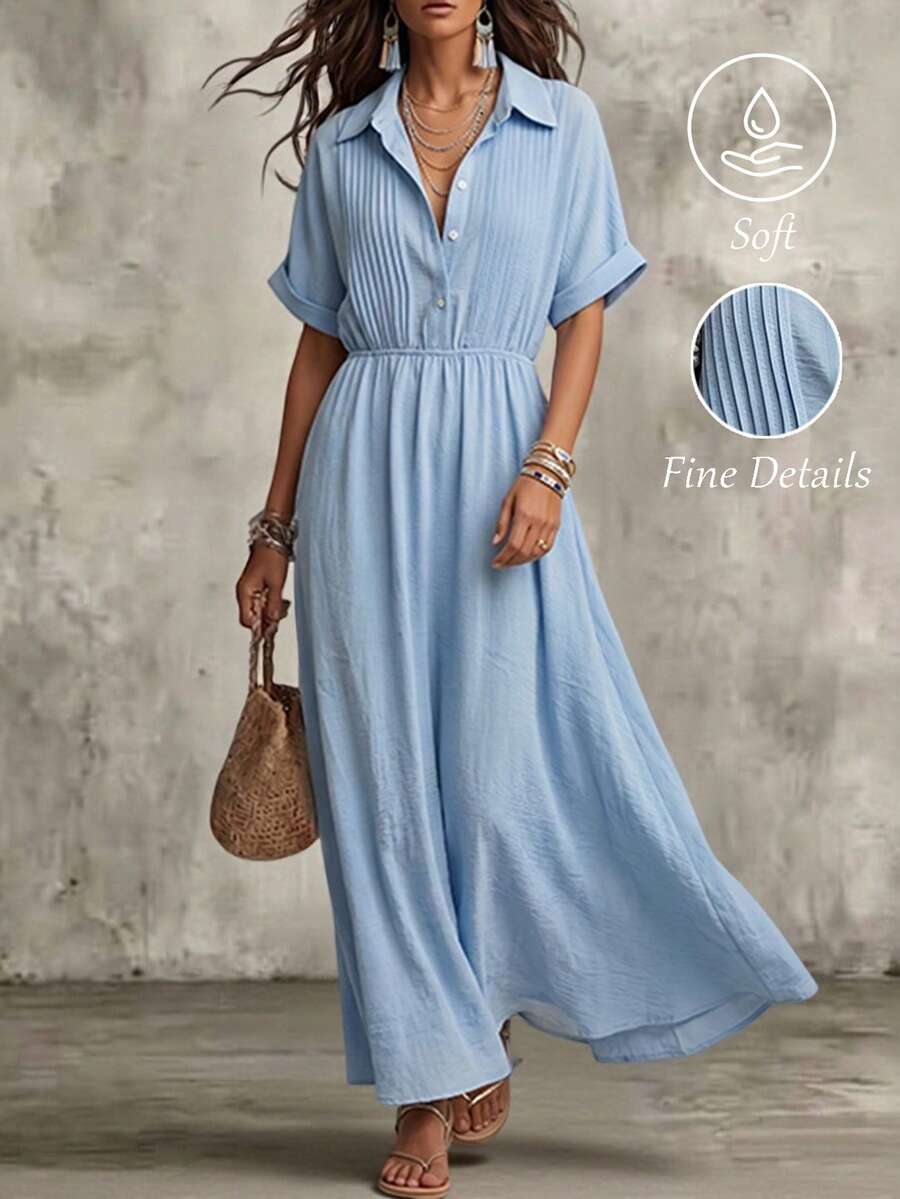 SHEIN Holidaya Vestido de camisa de cuello texturizado azul claro de verano, vestido midi de línea A de manga corta con cintura plisada al estilo francés, vestido largo versátil y estilizador para la oficina y uso casual