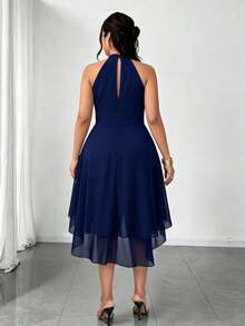 Elenzga Plus Size Round Neck Sleeveless Double Layer Ruffle Hem Asymmetrical Dress - Navy Blue - View 2