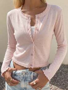 FRIFUL Women's Solid Pink Ruffle Trim Loose Casual Versatile Cardigan - Beige - View 9
