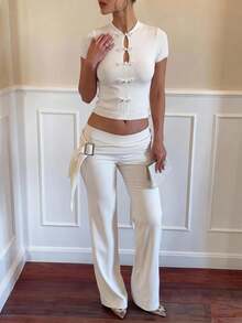Lumalex Ivory Knit Crop Top With Mandarin Collar Short Sleeves Frog Knot Buttons Front Keyhole Cutouts Ribbed Cuffs Luxury Top Outfits For Parties Dates Daily - Apricot - View 6