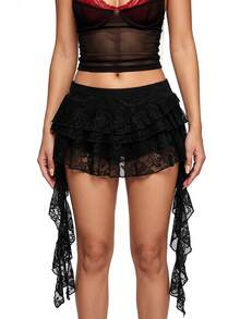 SHEIN ICON Low Waist Casual Lace Wave-Trim Skirt With Safety Shorts To Prevent Exposure, For Vacation,Bohemian Clothes - Black - View 8