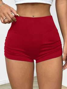 SHEIN EZwear 女款純色百褶夏季短褲，打底短褲 - 紅色 - 查看 2