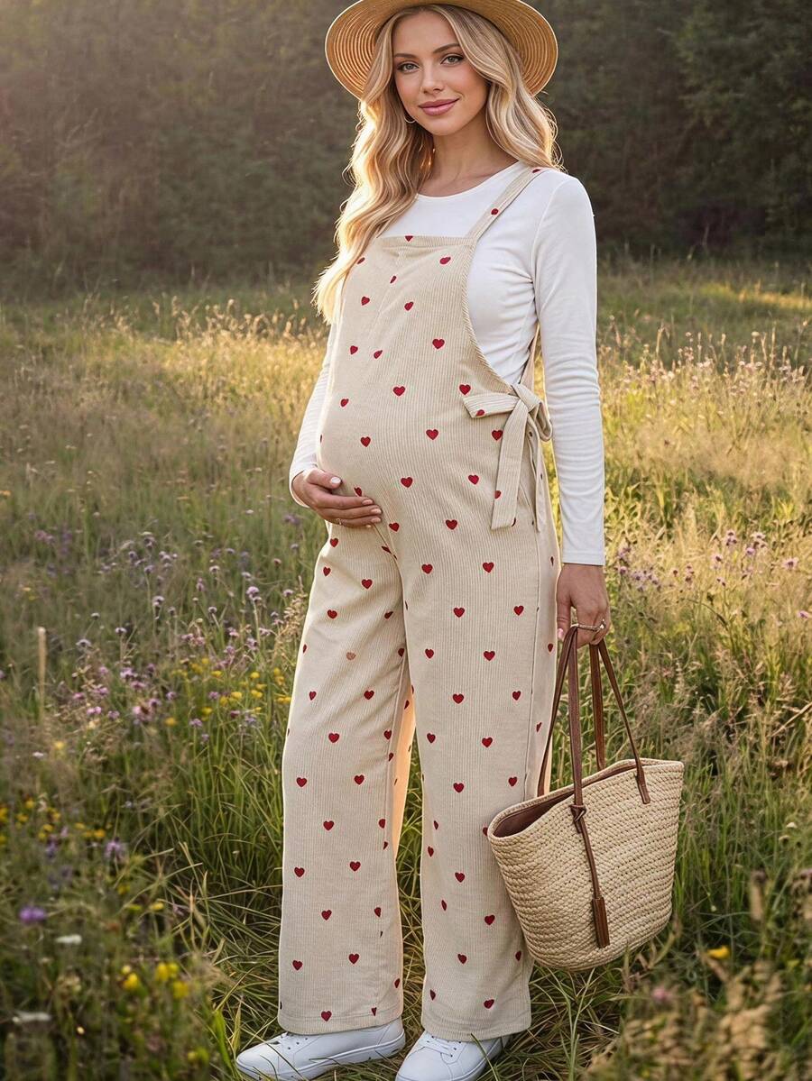 Boho Mama 孕婦愛心印花細肩帶連身褲 - 卡其色 - 查看 1