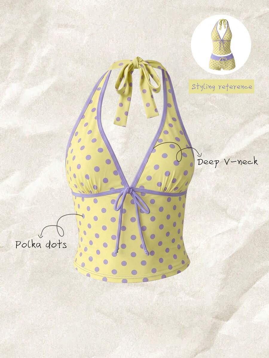 Elavelle Women's Random Print Spaghetti Strap Bow Tie Camisole Bikini Top, Spring/Summer - Multicolor - View 1