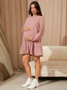 MaterniWear 女士休闲宽松长袖卡其色连衣裙、秋季短裙、秋冬女装、办公室服装、工作服、返校节服装、教师服装、孕妇装 - 粉色 - 查看 3