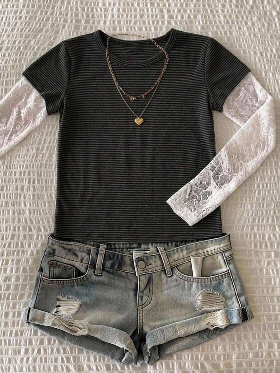 Dazy Plus Plus Size Contrast Color Lace Patchwork Striped T-Shirt Cute Tops - Grey - View 1