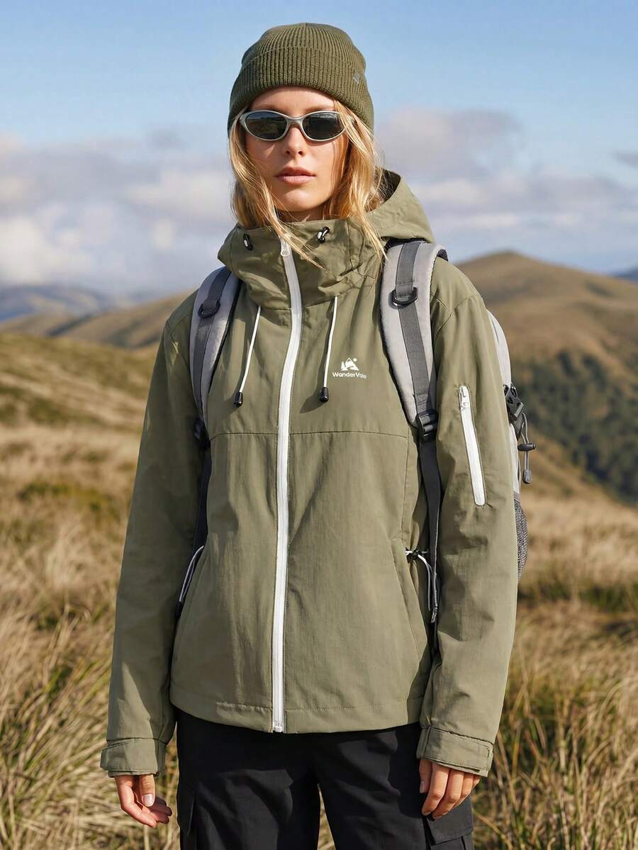 WanderVale Women's Letter Print Long Sleeve Drawstring Hooded Outdoor Rain Jacket - Olive Green - View 1