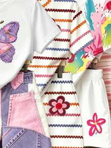 Conjunto básico de camiseta corta y pantalones cortos para niñas con estampado de rayas, lazos y patchwork en rosa y morado - Multicolor - Ver 4