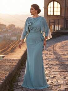 Serin Plus Size Elegant Classy Formal Party Bridesmaid Dusty Blue 3D Floral Flutter Sleeve Chiffon Ruched A-Line Dress Evening Dinner Wedding Prom Fall - Baby Blue - View 3