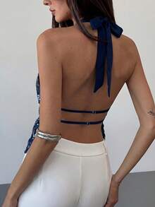 Aloruh Tank Top Wanita Model Halter Neck dengan Tali di Belakang dan Punggung Terbuka, Motif Patchwork dan Payet Warna Biru Tua, Cocok untuk Acara Malam Hari di Musim Panas. - Navy Blue - View 2