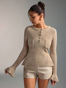 SHEIN WOMEN'S WEAR Rib-Knit Long Sleeve Top Features A Round Neckline Front Button Placket Ruffle Cuffs Everyday Beige Autumn Casual Sexy Going Out - Beige - View 6