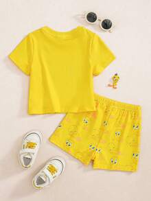 LOONEY TUNES X SHEIN Baby Girl Cartoon Print Round Neck Short Sleeve T-Shirt And Shorts Set - Yellow - View 2