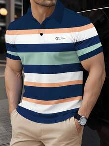 Manfinity Homme 男士夏季休閒拼色條紋 Polo 衫 - 彩色 - View 1