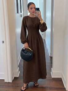 Firerie Women's Casual And Elegant Fitted Waist Long-Sleeved Dress, Burgundy Dress / Fitted Waist Dress / Linen Dress / Vintage Style Dress / Summer Dresses / Spring Outfit Women / Everyday Work Dress / Valentines Day Dress / Casual Dress For Women / Red Dresses For Women - Brown - View 1