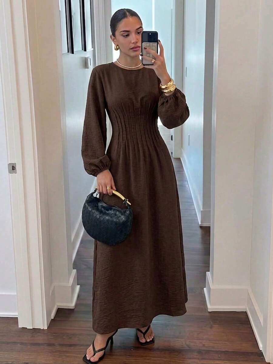 Firerie Women's Casual And Elegant Fitted Waist Long-Sleeved Dress, Burgundy Dress / Fitted Waist Dress / Linen Dress / Vintage Style Dress / Summer Dresses / Spring Outfit Women / Everyday Work Dress / Valentines Day Dress / Casual Dress For Women / Red Dresses For Women - Brown - View 1
