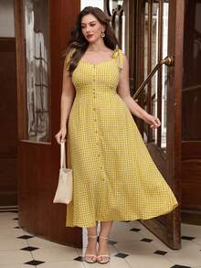 SHEIN Clasi Summer Vintage Style Yellow & White Plaid Tie Strap Square Neck / Heart Neck + Wide Strap Design Plus Size Dress - Yellow - View 7