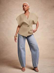 Vixey Solid Textured Woven Asymmetrical Hem Single Button Waistcoat Top, Business Casual, Office, Office Chic, Elevated Essentials, Work To Weekend - Khaki - View 3