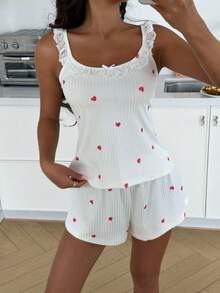 ZzzCrew Women's Heart Print Comfortable Ribbed Ruched Ruffle Bow Cami Pajama Set - White - View 6